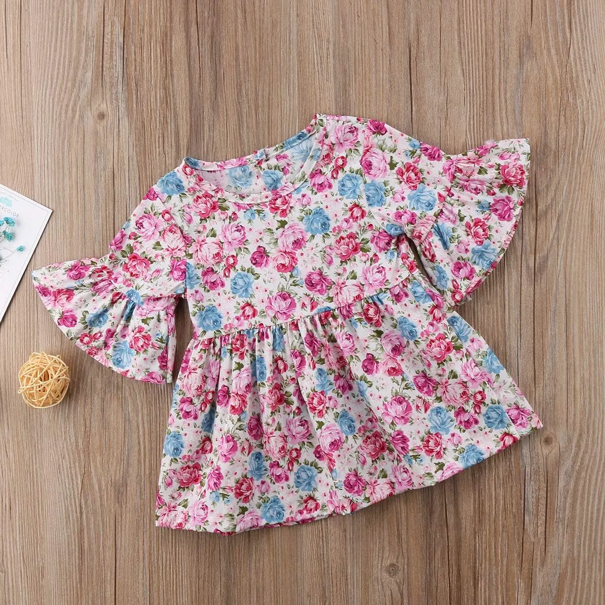 Toddler Girls Bell Sleeve Floral Print Ruffles Dress Casual Loose Flared Sundress Mini A Line Dress for Beach Party Wedding
