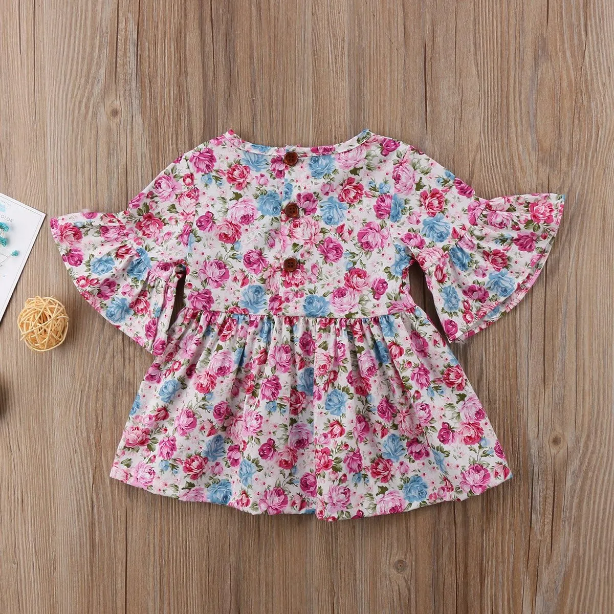 Toddler Girls Bell Sleeve Floral Print Ruffles Dress Casual Loose Flared Sundress Mini A Line Dress for Beach Party Wedding
