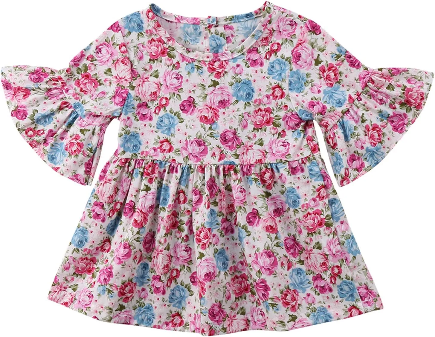 Toddler Girls Bell Sleeve Floral Print Ruffles Dress Casual Loose Flared Sundress Mini A Line Dress for Beach Party Wedding