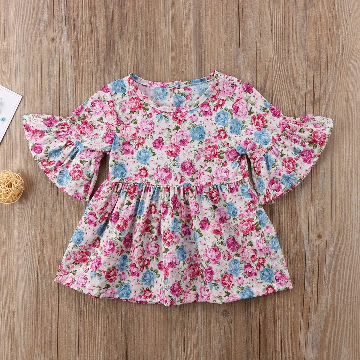 Toddler Girls Bell Sleeve Floral Print Ruffles Dress Casual Loose Flared Sundress Mini A Line Dress for Beach Party Wedding