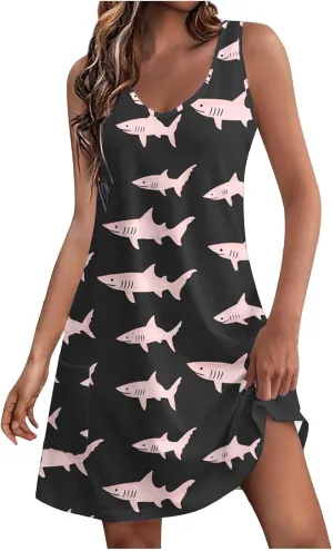 Tropical Print Summer Dress for Women 2025 Trendy Sundress Sleeveless V Neck Sun Dresses Loose Tank