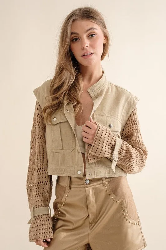 Twill Crop Crochet SLV Jacket - Blue B