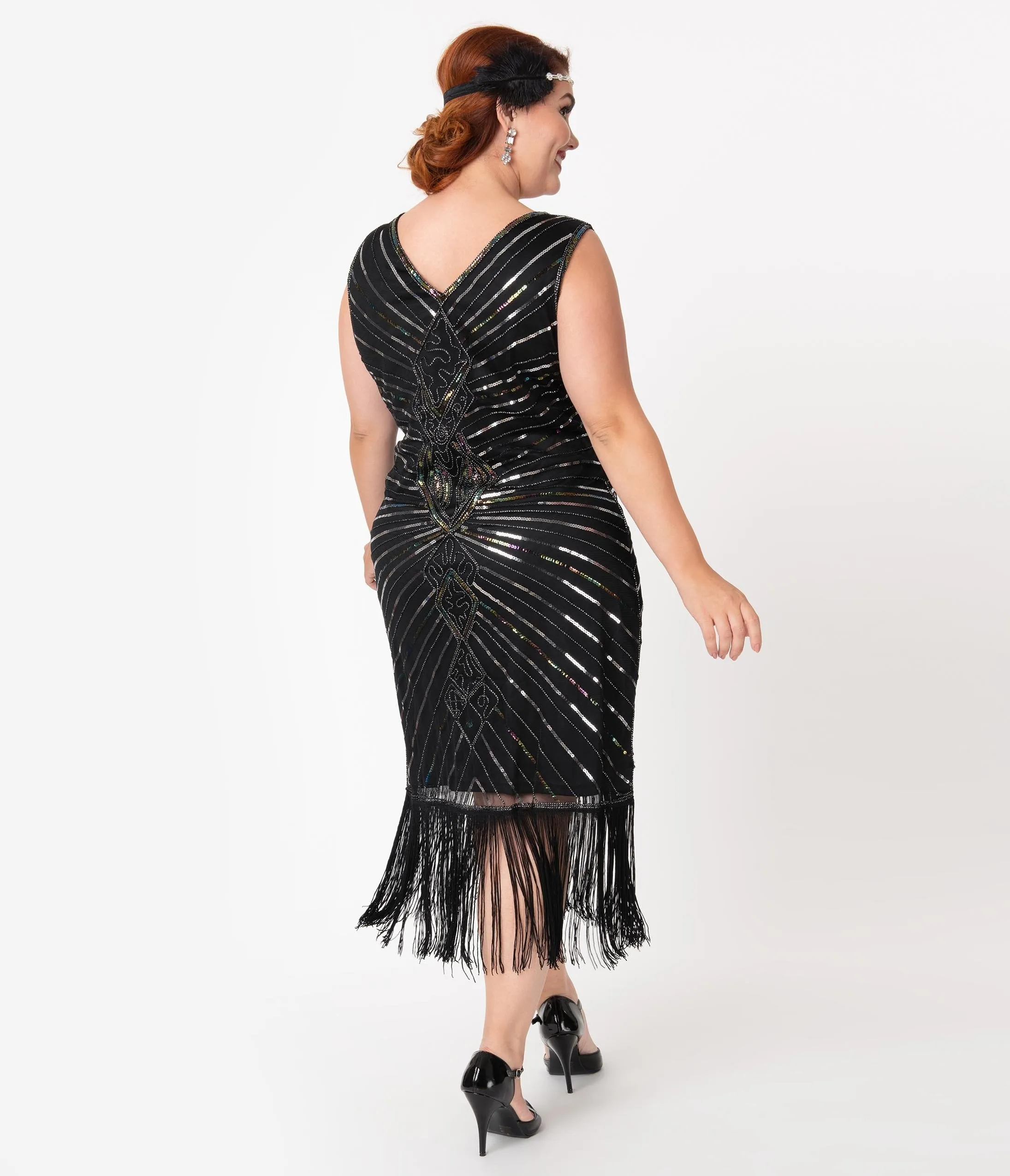 Unique Vintage Plus Size Black & Silver Sequin Dacquoise Cocktail Flapper Dress