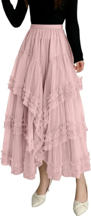 Women's A Line Tulle Party Dinner Tutu Skirt Brown Stretchy High Waisted Flared Skirt Womens Button Front Denim