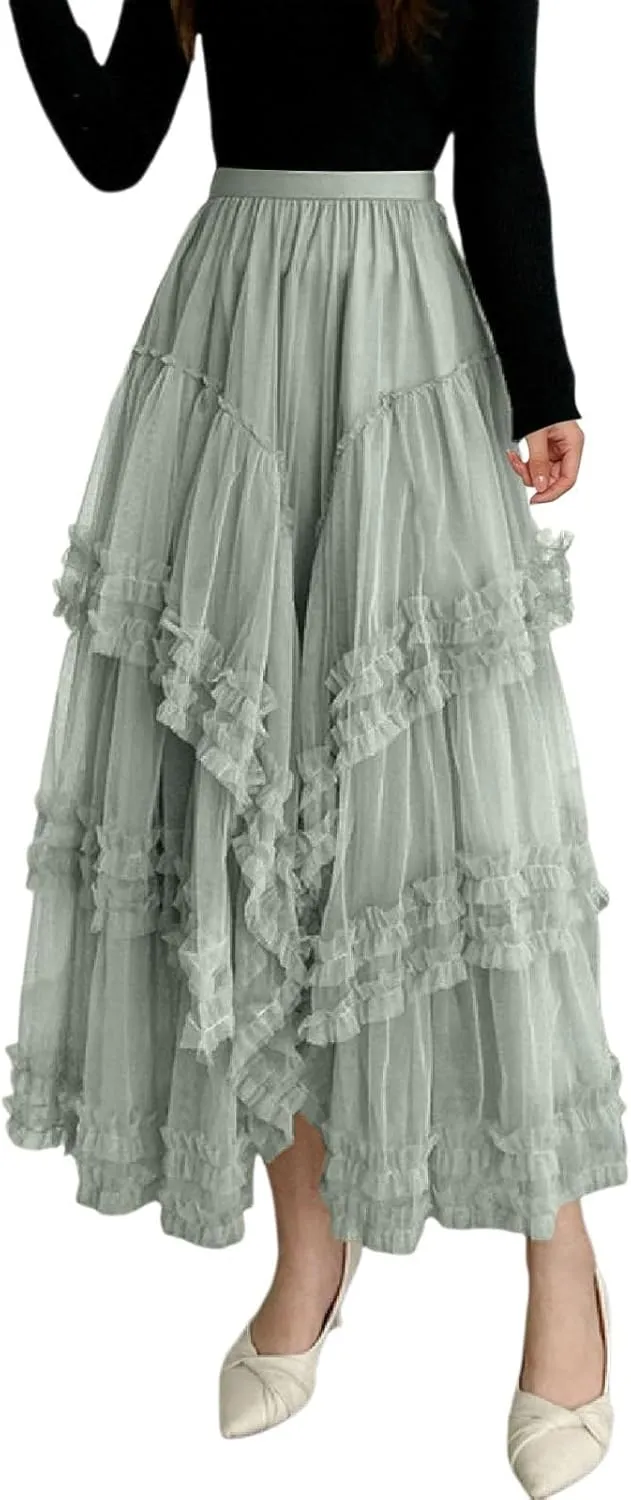 Women's A Line Tulle Party Dinner Tutu Skirt Brown Stretchy High Waisted Flared Skirt Womens Button Front Denim