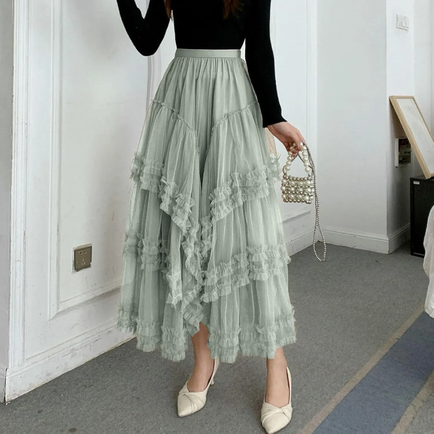 Women's A Line Tulle Party Dinner Tutu Skirt Brown Stretchy High Waisted Flared Skirt Womens Button Front Denim