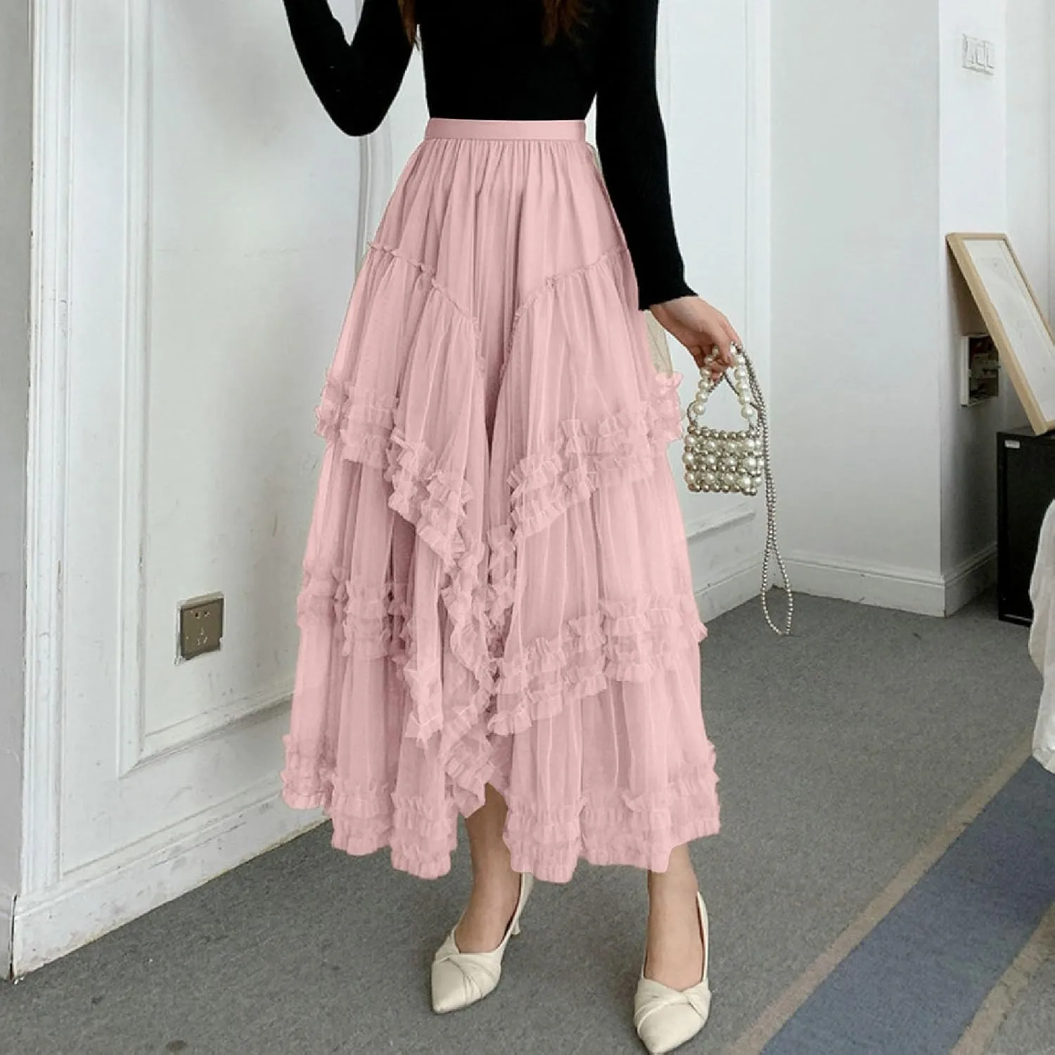 Women's A Line Tulle Party Dinner Tutu Skirt Brown Stretchy High Waisted Flared Skirt Womens Button Front Denim