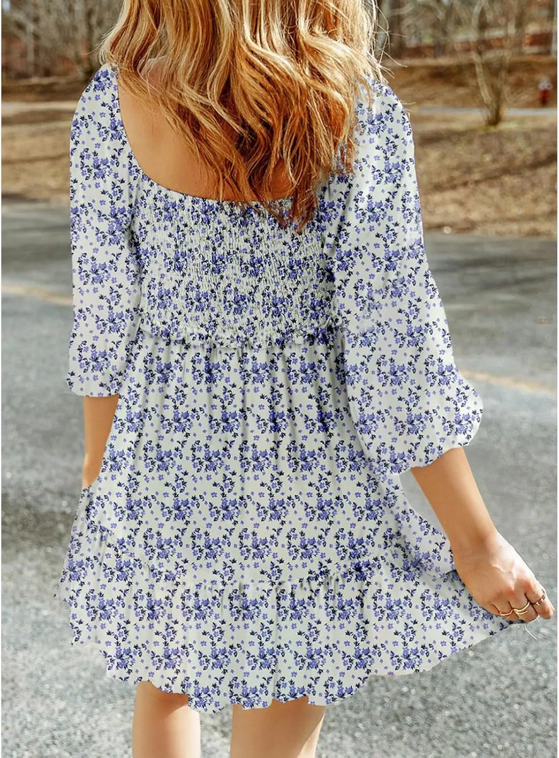 Womens Boho Floral Dresses Smocked Square Neck Puff Sleeve Dress Casual A-Line Swing Mini Vacation Dress