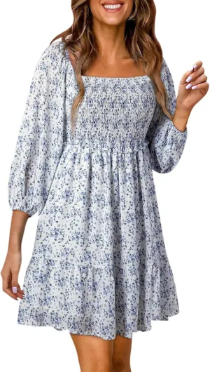 Womens Boho Floral Dresses Smocked Square Neck Puff Sleeve Dress Casual A-Line Swing Mini Vacation Dress