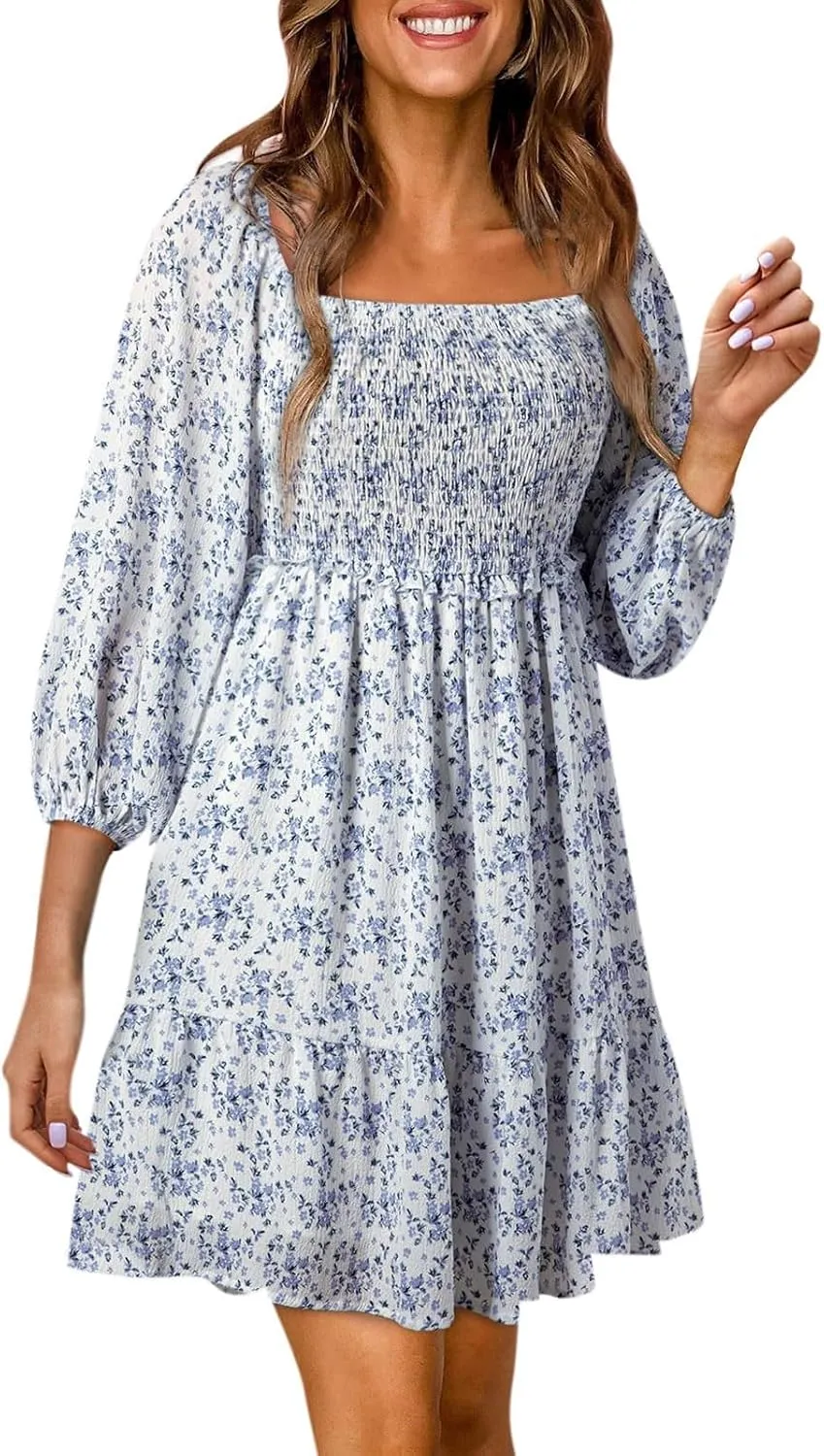 Womens Boho Floral Dresses Smocked Square Neck Puff Sleeve Dress Casual A-Line Swing Mini Vacation Dress