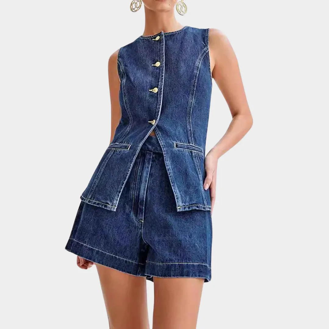 Women's Denim Vest - Long Sleeveless Waistcoat - Button Down - Crew Neck - Back Slit - Blue