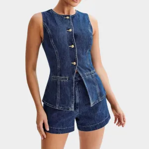 Women's Denim Vest - Long Sleeveless Waistcoat - Button Down - Crew Neck - Back Slit - Blue