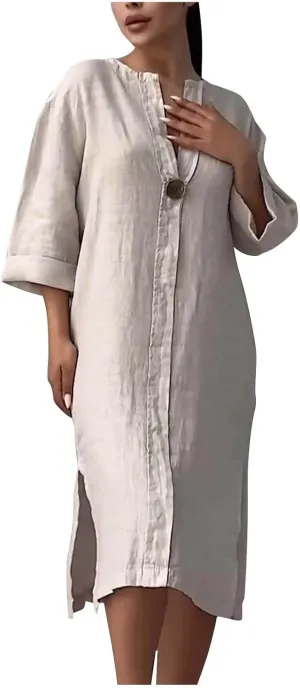 Womens Dresses 2025 Summer Half Sleeve V Neck Casual Dress Trendy Plus Size Split Hem Beach Midi Dresses with Pockets