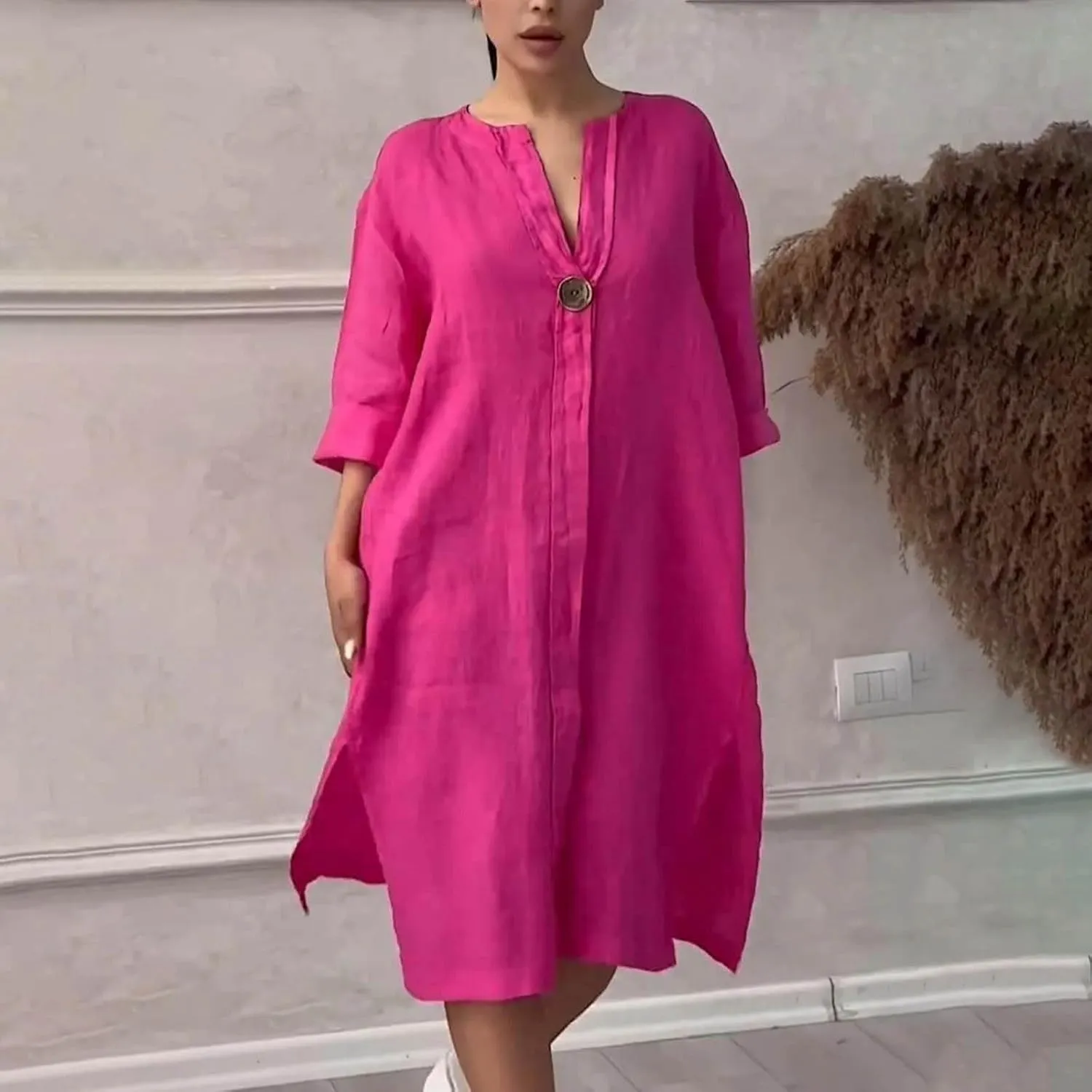 Womens Dresses 2025 Summer Half Sleeve V Neck Casual Dress Trendy Plus Size Split Hem Beach Midi Dresses with Pockets