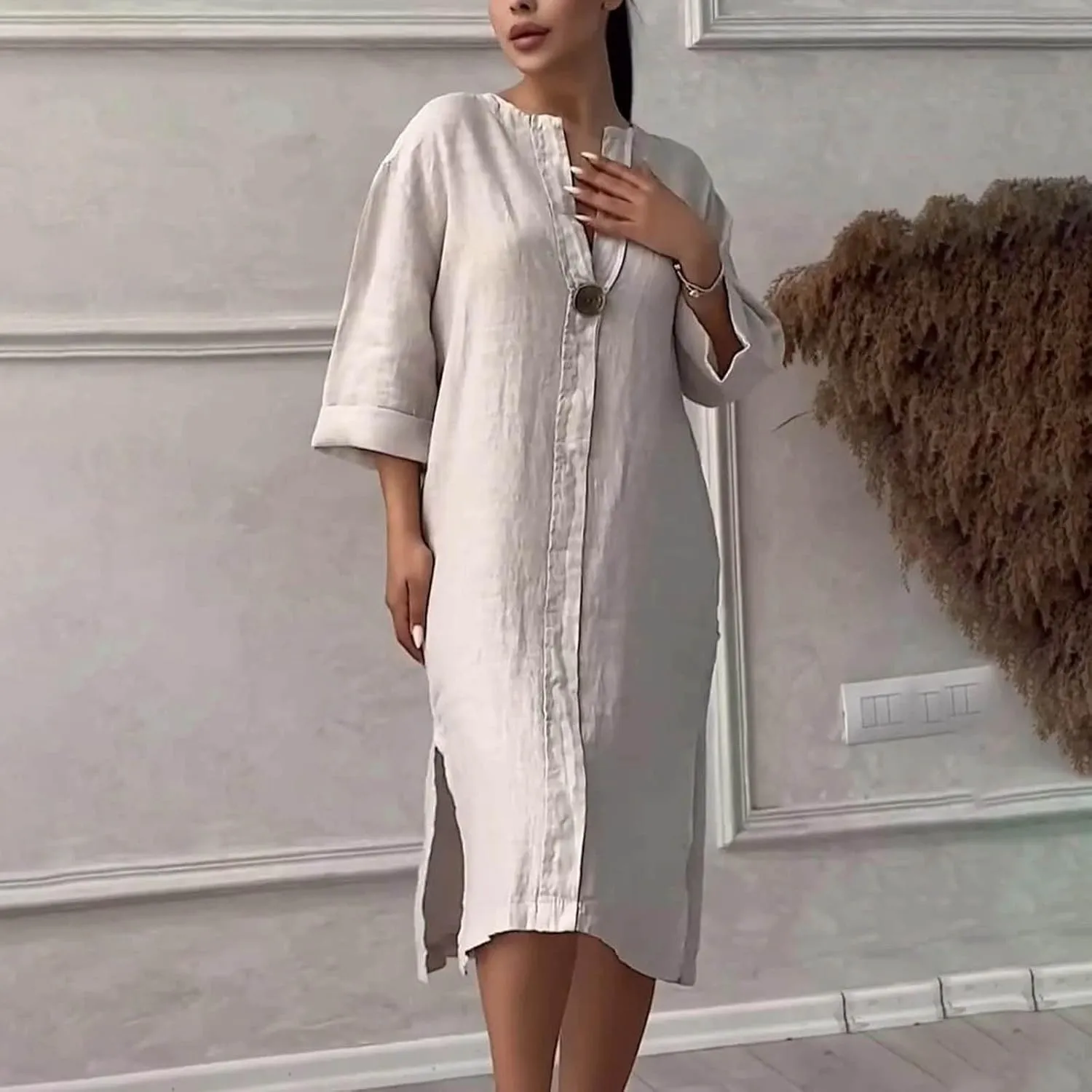 Womens Dresses 2025 Summer Half Sleeve V Neck Casual Dress Trendy Plus Size Split Hem Beach Midi Dresses with Pockets