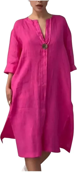 Womens Dresses 2025 Summer Half Sleeve V Neck Casual Dress Trendy Plus Size Split Hem Beach Midi Dresses with Pockets