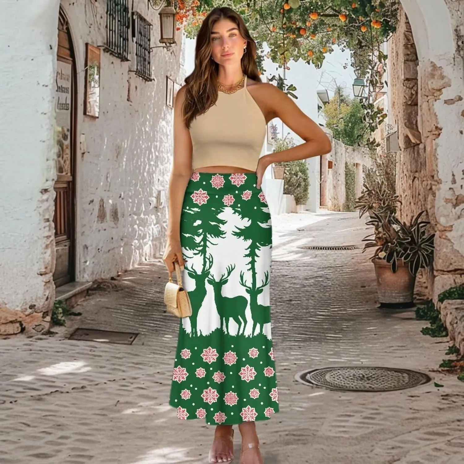 Women's Elastic High Waisted Maxi Skirt Trendy Fall Flared A-Line Midi Skirt Casual Formal Work Skirts