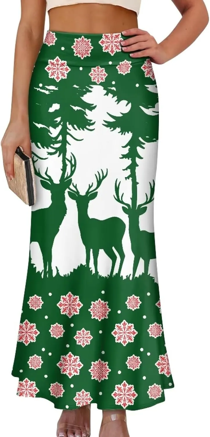 Women's Elastic High Waisted Maxi Skirt Trendy Fall Flared A-Line Midi Skirt Casual Formal Work Skirts