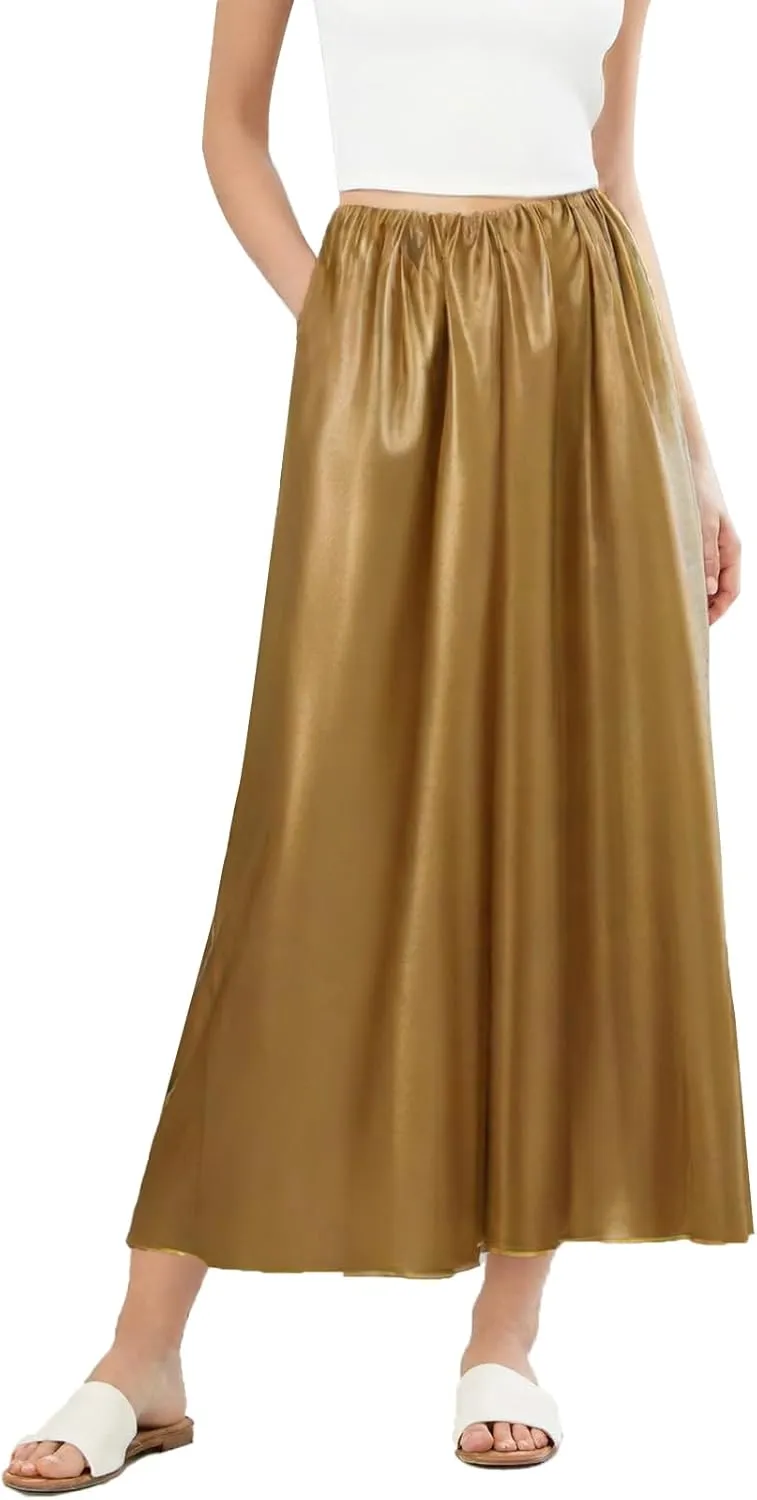 Women's Elegant Long Satin Skirt Summer Pleated Silk Dressy Hidden Elastic Waist Flared A-Line Midi Skirts