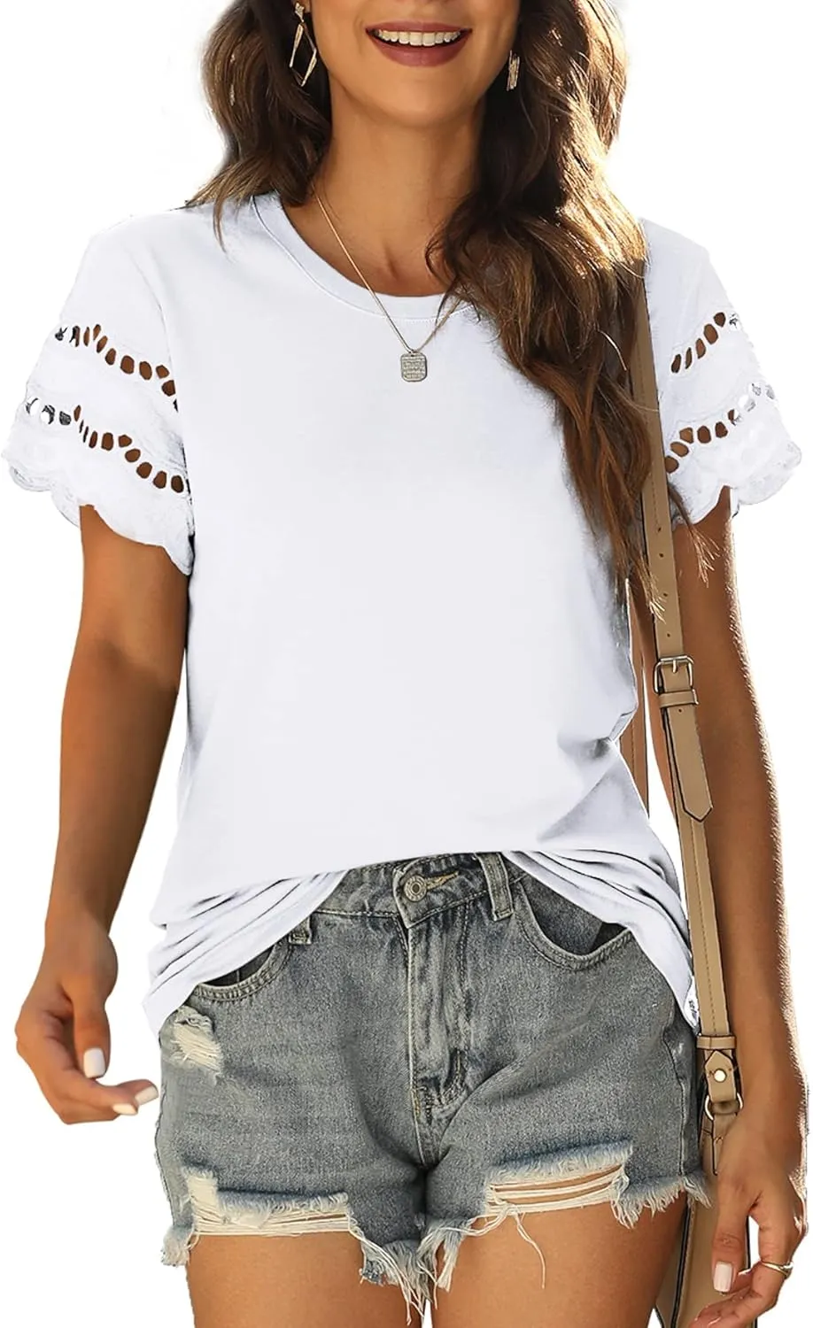 Womens Lace Short Sleeve T Shirts Summer Tops Loose Casual Tee Shirt