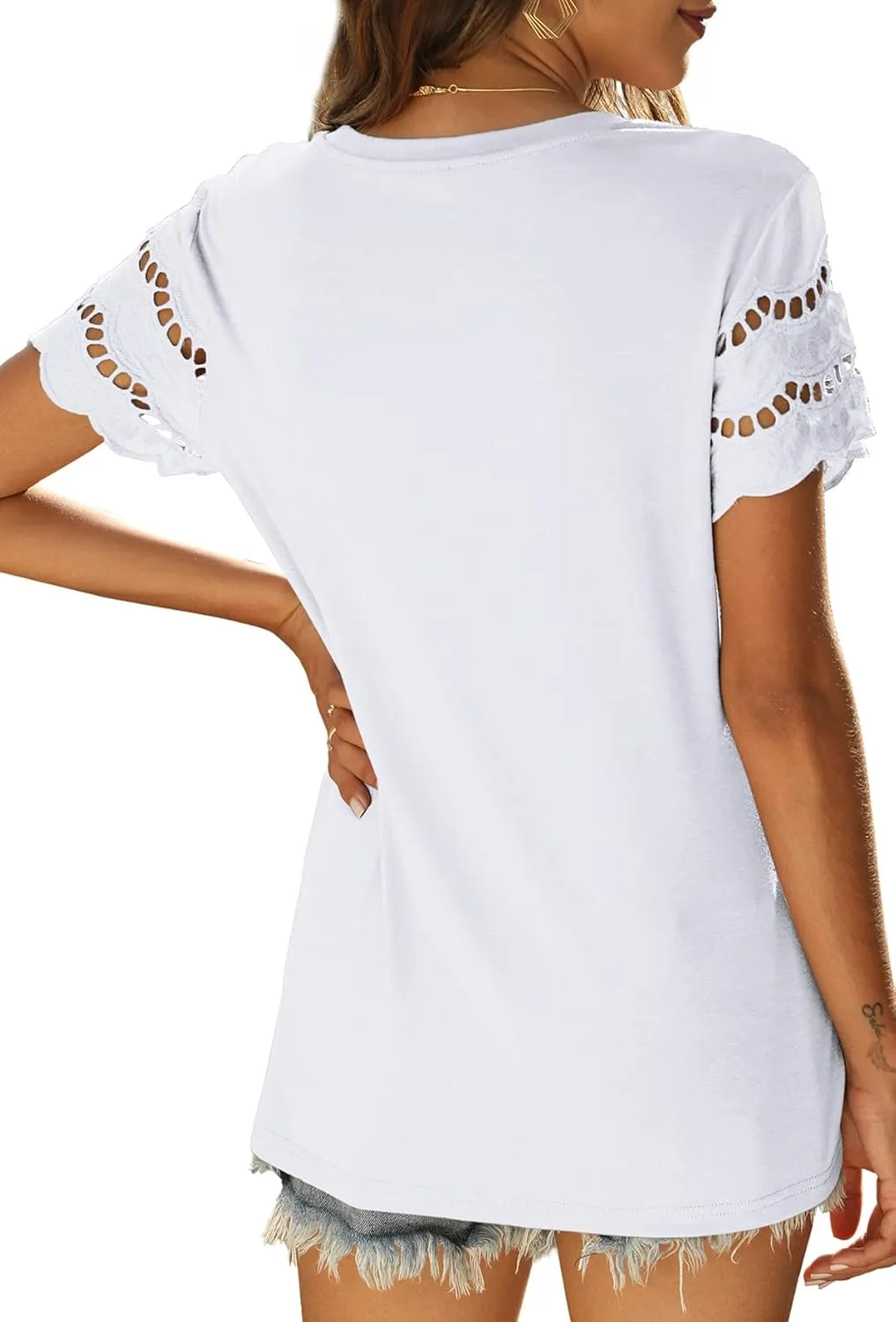 Womens Lace Short Sleeve T Shirts Summer Tops Loose Casual Tee Shirt