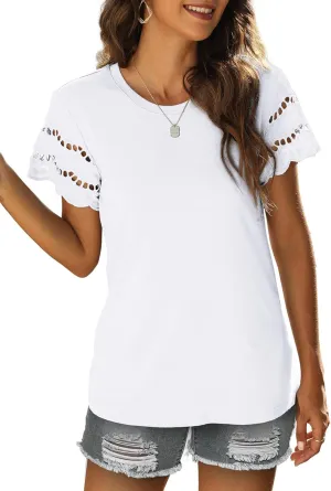 Womens Lace Short Sleeve T Shirts Summer Tops Loose Casual Tee Shirt