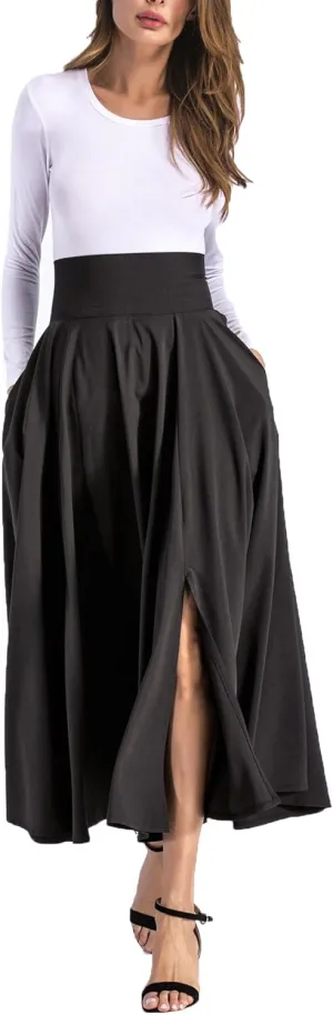 Womens Maxi Skirts High Waisted Pleated Flared Long Bow Skirts with Pocket