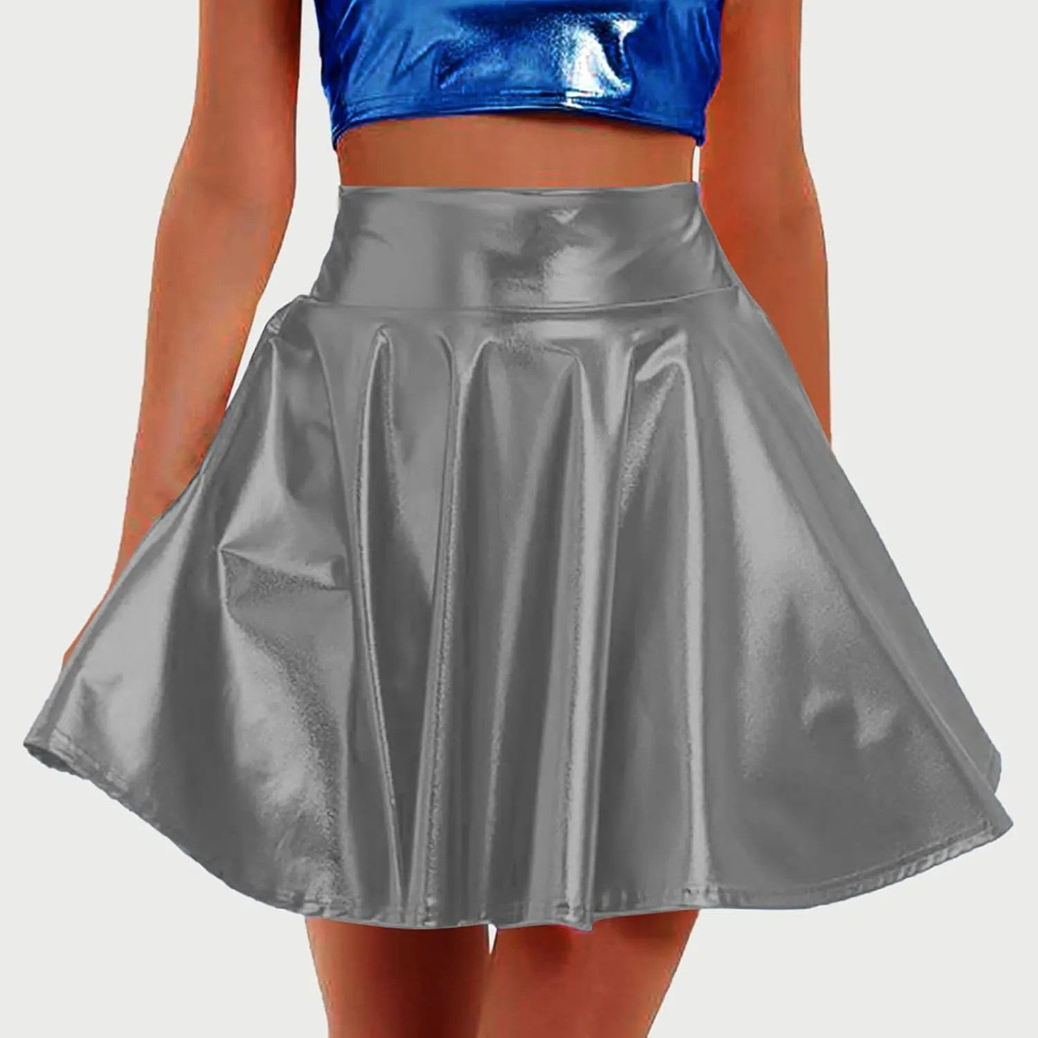 Womens Mini Skirt Trendy Dressy Pleated Swing Flowy Flared Metallic Skater Skirt Club Party Outfits Fashion Clothes