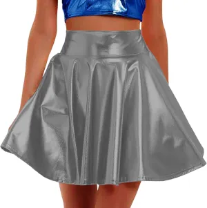 Womens Mini Skirt Trendy Dressy Pleated Swing Flowy Flared Metallic Skater Skirt Club Party Outfits Fashion Clothes