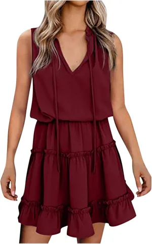 Womens Summer Sleeveless Dress V Neck Drawstring Ruffle Tiered Mini Dresses Fashion Casual Beach Vacation Outfits