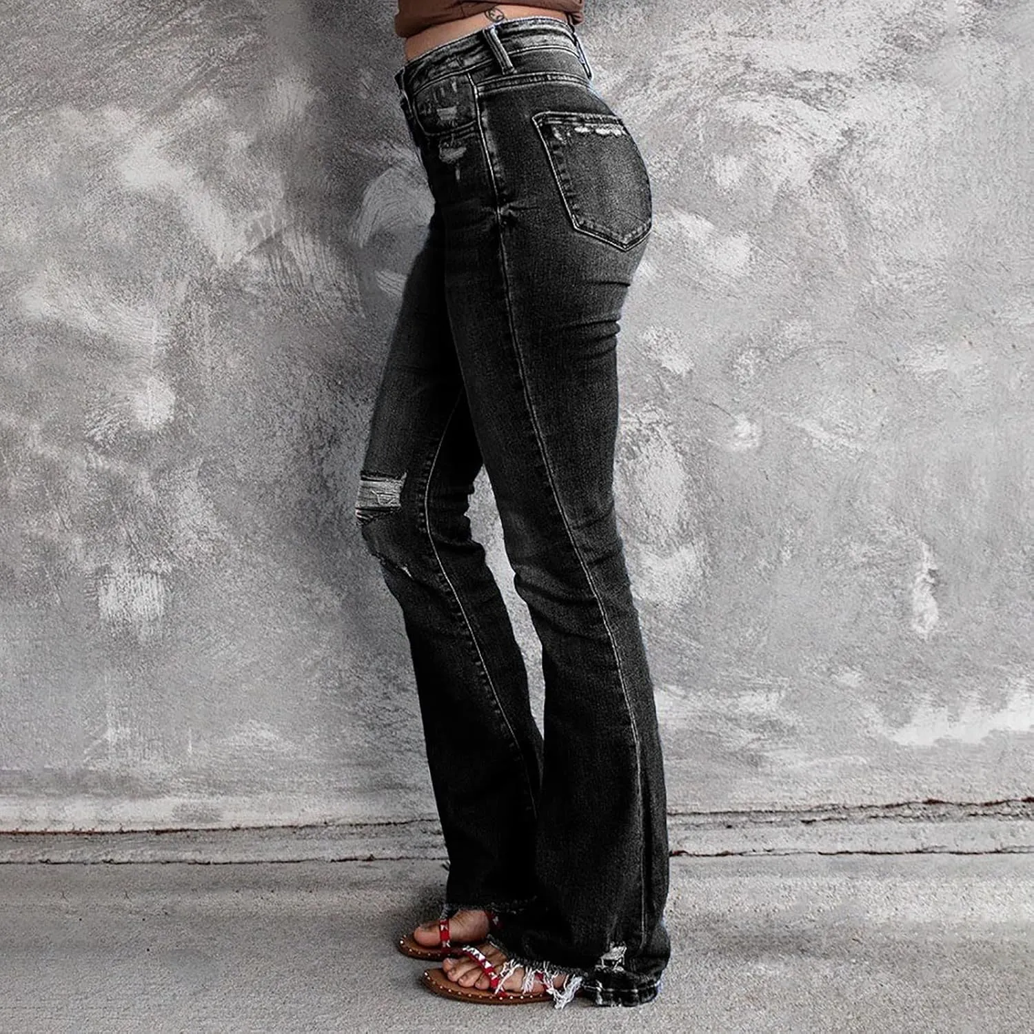 Women's Wear Holes High Waisted Retro Stretch Slim Micro Bell Bottoms Woman Pants Size 14