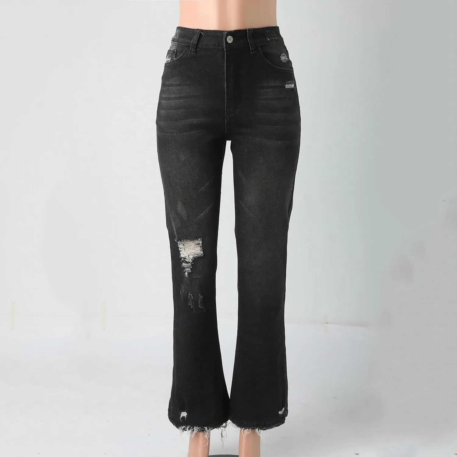 Women's Wear Holes High Waisted Retro Stretch Slim Micro Bell Bottoms Woman Pants Size 14