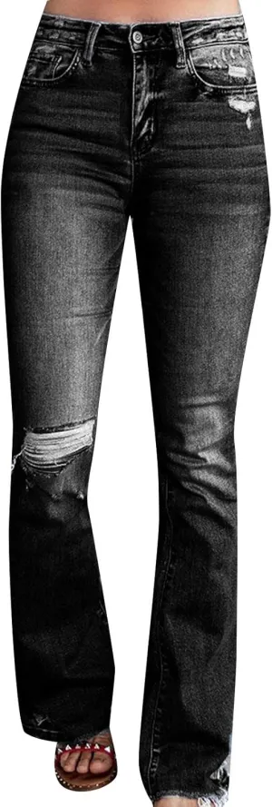 Women's Wear Holes High Waisted Retro Stretch Slim Micro Bell Bottoms Woman Pants Size 14