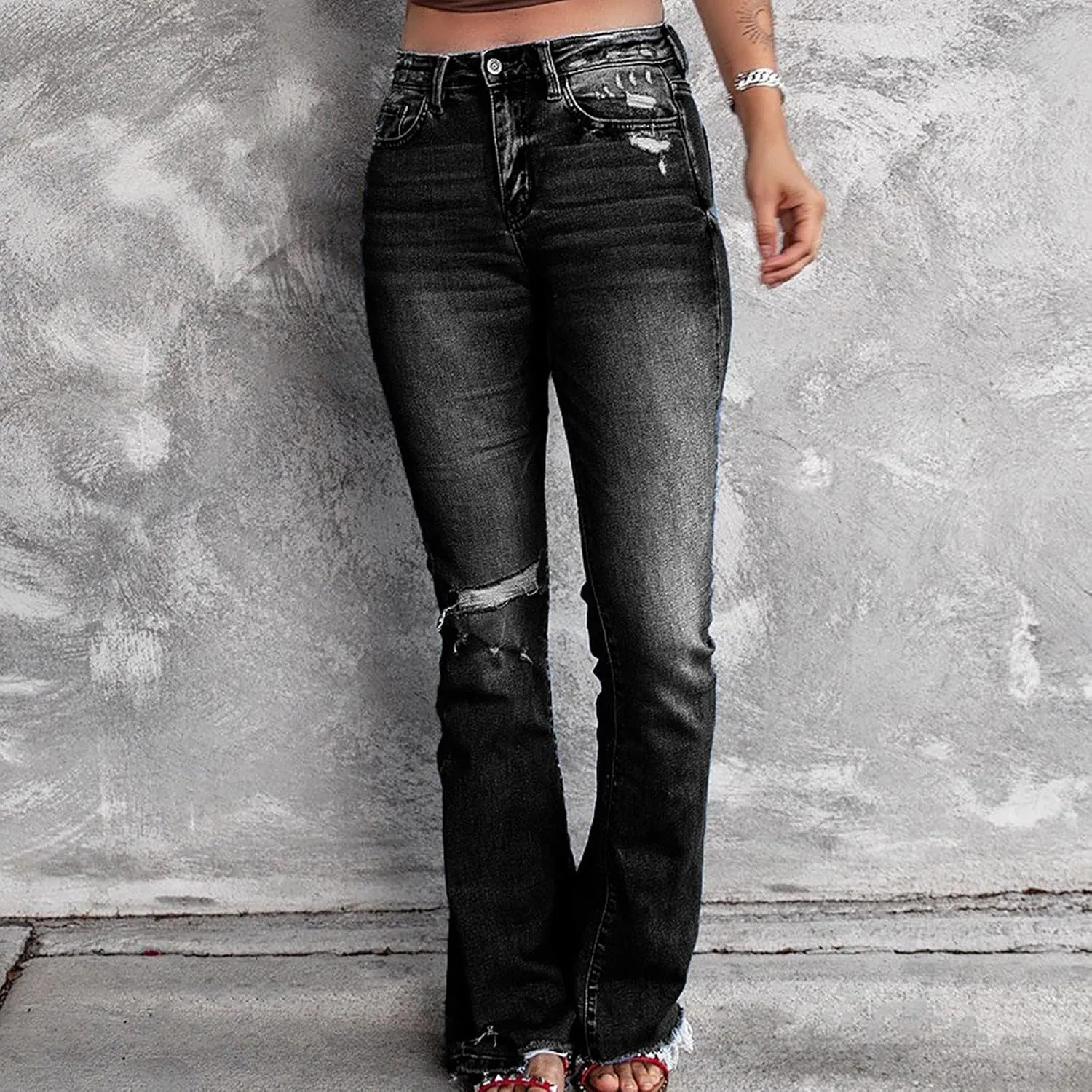 Women's Wear Holes High Waisted Retro Stretch Slim Micro Bell Bottoms Woman Pants Size 14