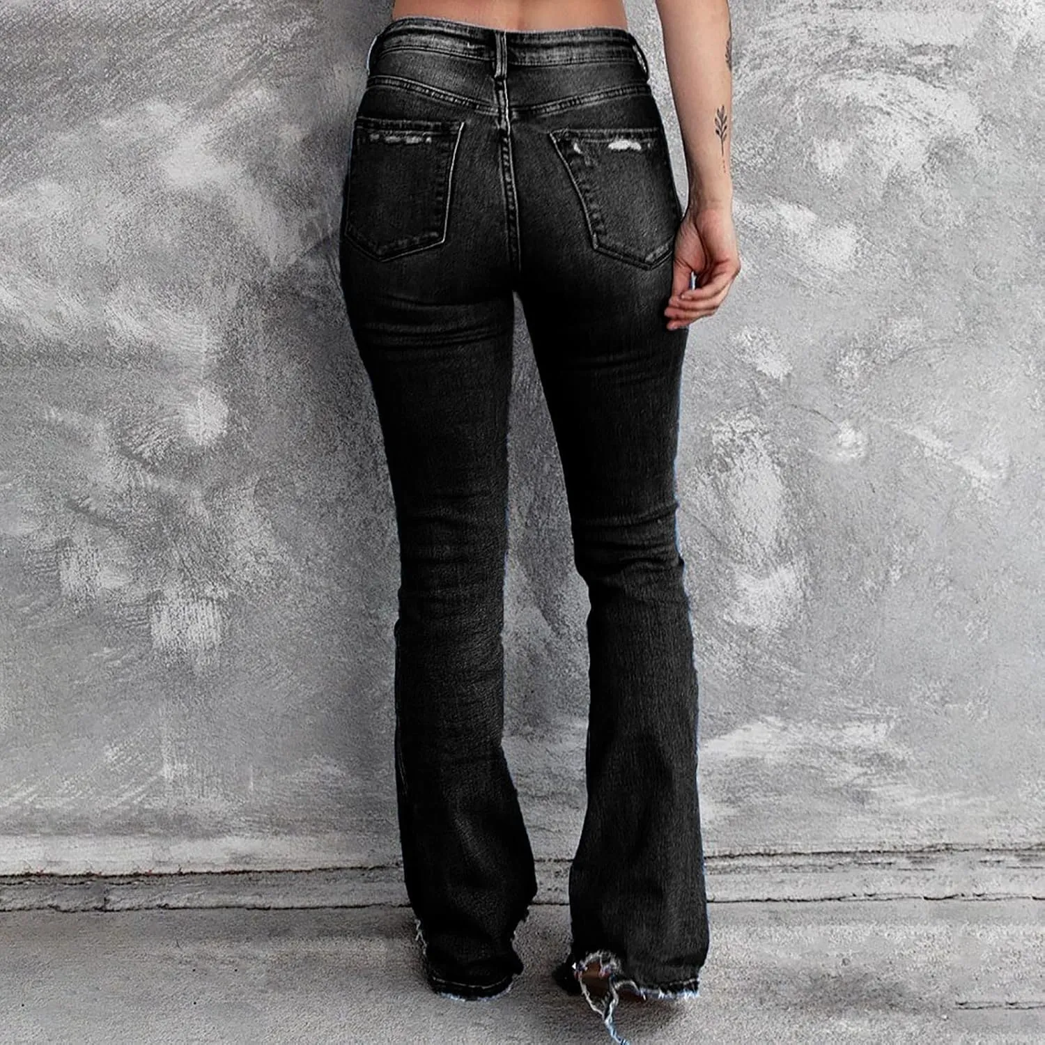 Women's Wear Holes High Waisted Retro Stretch Slim Micro Bell Bottoms Woman Pants Size 14