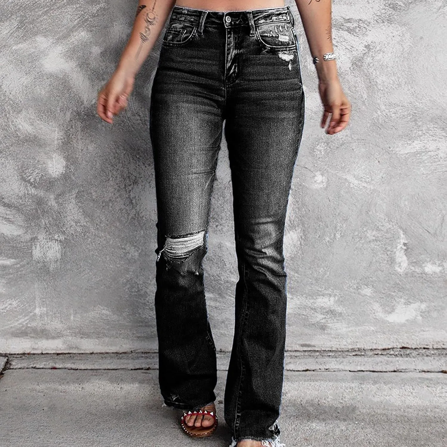 Women's Wear Holes High Waisted Retro Stretch Slim Micro Bell Bottoms Woman Pants Size 14